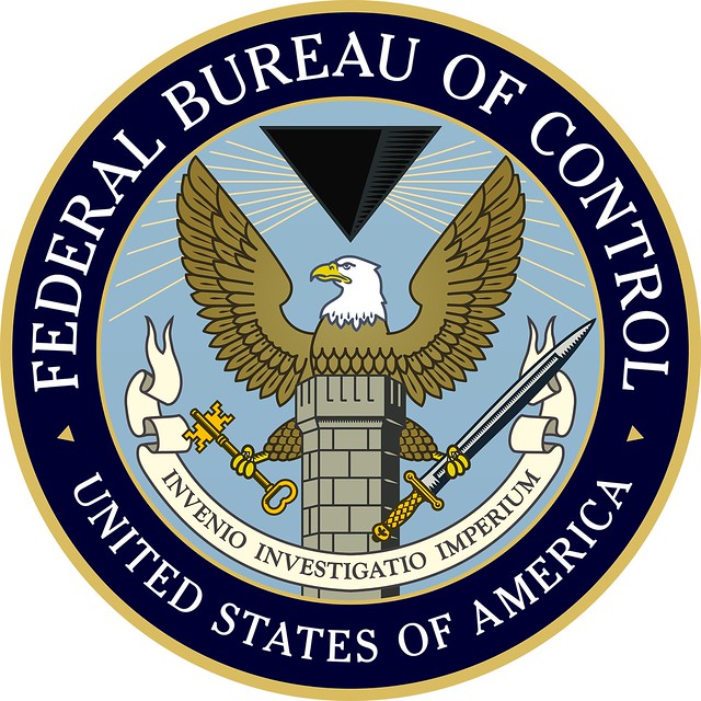 Federal Bureau of Control logo. INVENIO INVESTIGATIO IMPERIUM